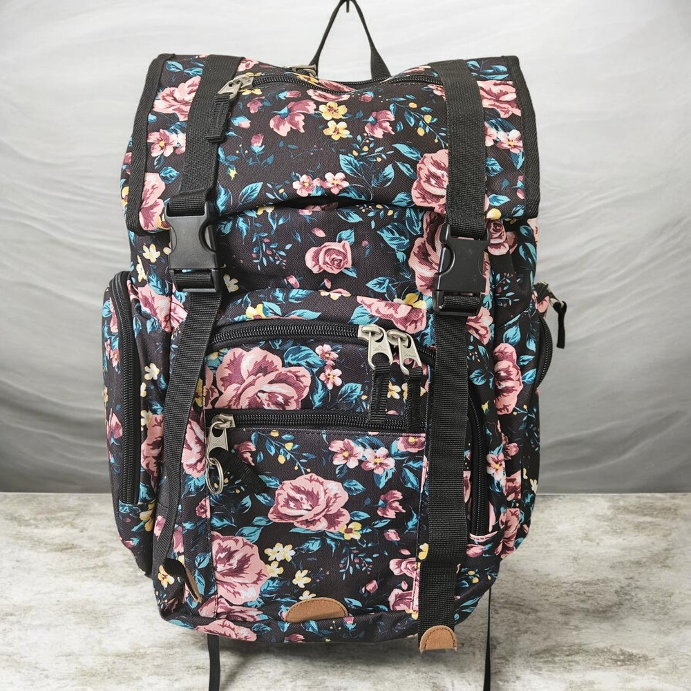 High Sierra Backpack Floral Rose Print Large Black Multi Pocket School Bag